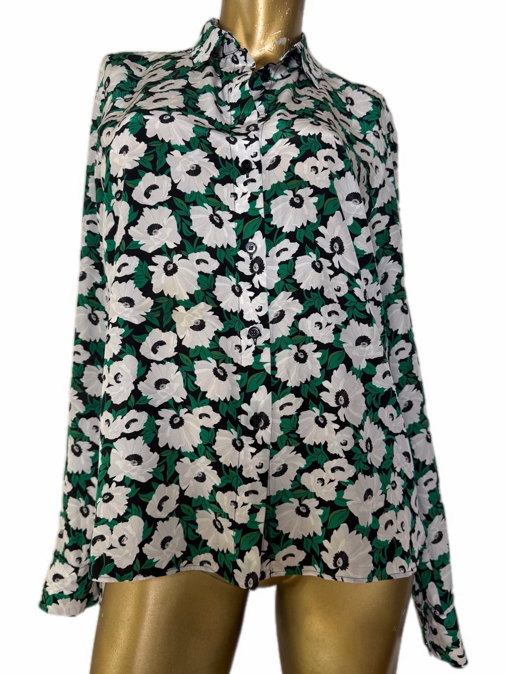 Stella McCartney Damien Floral Silk Button-down Shirt, green & Black 38” bust
